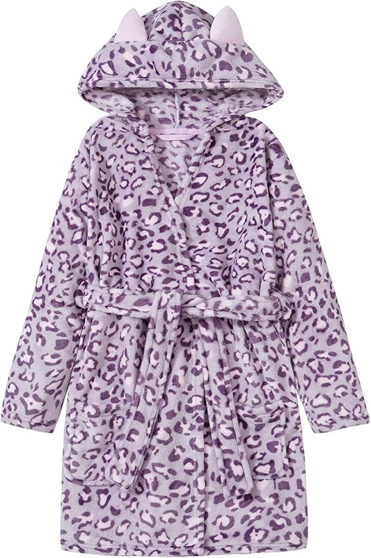 Topgal Leopard Cat Robe for Girls Fleece Toddler Kids Teen Hooded Bathrobe Size 4T-18