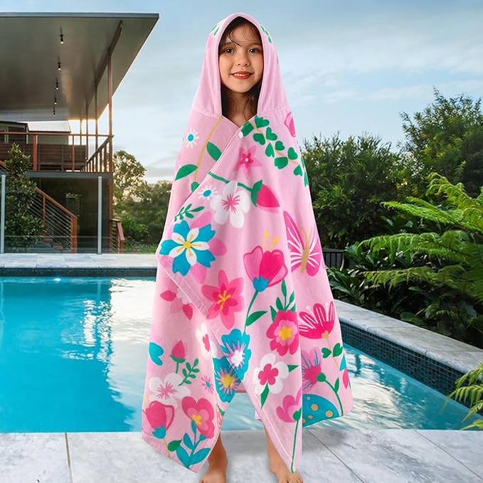 VOOVA & MOVAS Todder Beach Towel with Hood, (3-8 Years, 30''X50),Absorbent 100% Cotton Towel Wrap for Boys, Perfect for Toddler Beach, Pool, Bath, Swimming, Flower Butterfly