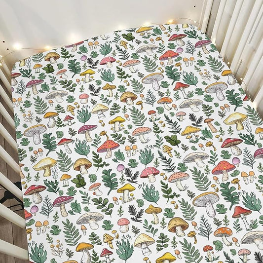 Colorful Mushrooms Green Leaves Baby Crib Sheets for Boy Girl 28"x52" Fall Mushroom Soft Stretchy Fitted Crib Mattress Cover Autumn Baby Sheet for Standard Crib & Toddler Mattress Pad