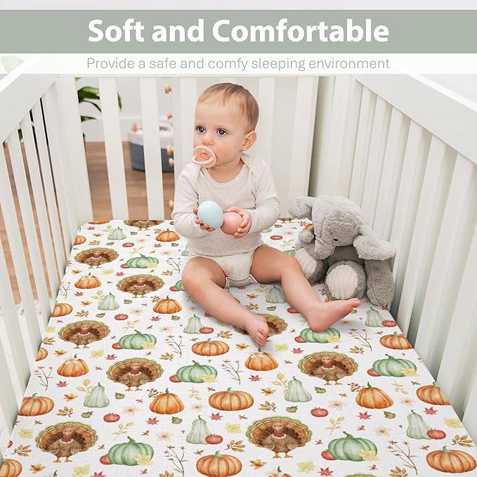Thanksgiving Turkey Pumpkins Baby Crib Sheets for Boy Girl 52"x28" Autumn Maple Leaves Soft Stretchy Fitted Crib Mattress Cover Fall Harvest Baby Sheet for Standard Crib and Toddler Bed Mattress
