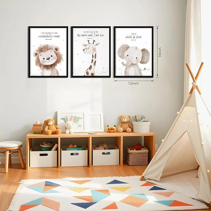 Nursery Wall Art, Kids Bible Verse Animal Canvas Wall Decor Paintings, Cute Safari Christian Pictures Posters Prints for Kids Boys and Girls Room Bedroom 12x16 Inch Wood Framed