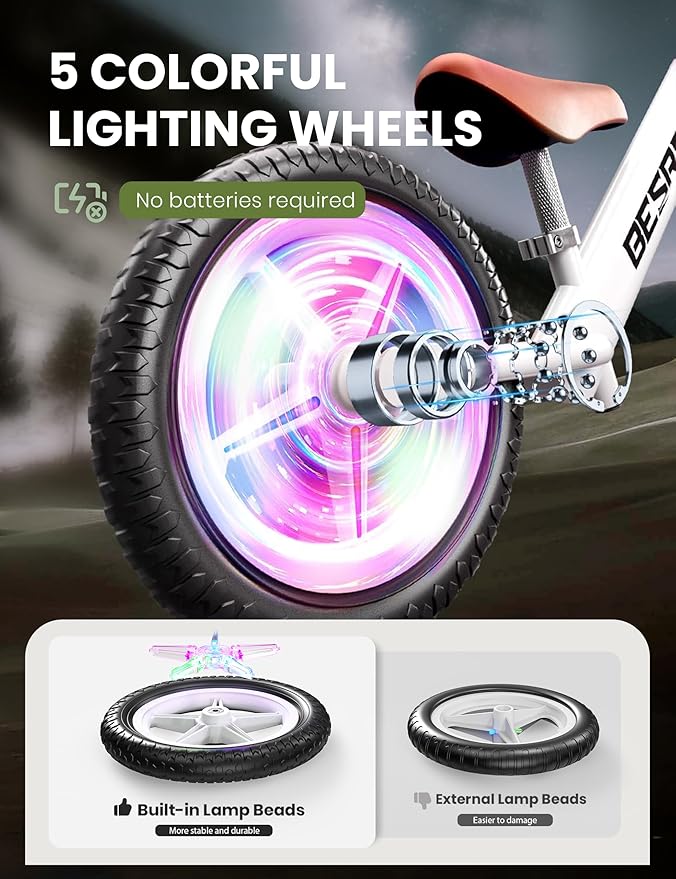 besrey Toddler Balance Bike 2 Year Old, All-Metal Frame | 12" Motion-Activated Lighting Wheels | All-Terrain | Kids Bike with Padded Adjustable Seat | Gift Bike for Boys Girls 2 3 4 5 Years Old