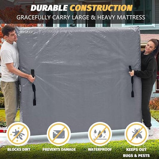Mattress Bags for Moving and Storage, BETU Full Size Waterproof Mattress Protector Mattress Cover with 8 Heavy Duty Handles and Zipper Extra Thick Moving Supplies for Bed Reusable (77x57x13.5 Grey)