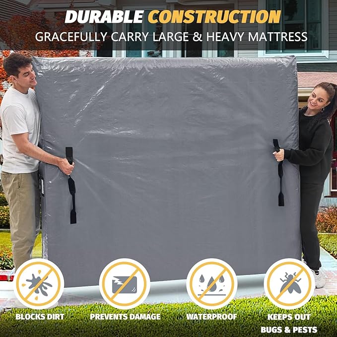 Mattress Bags for Moving and Storage, BETU Twin Mattress Protector Waterproof Mattress Cover with 8 Heavy Duty Handles and Zipper Extra Thick Moving Supplies for Dorm Bed Reusable (77x42x13.5 Grey)