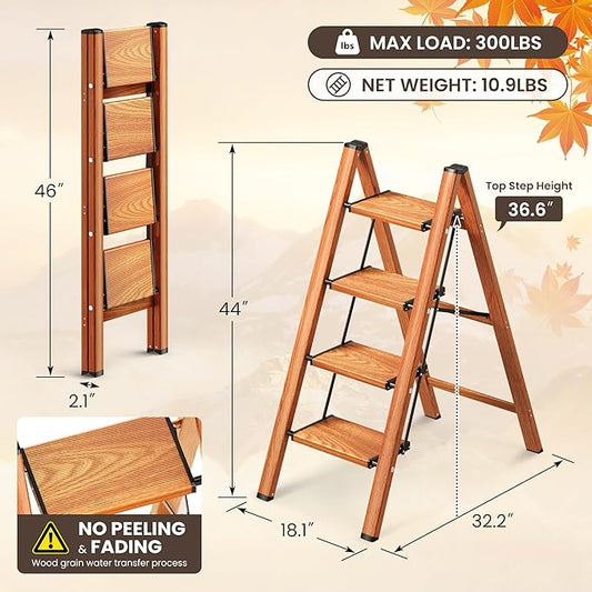 GameGem 4 Step Ladder, Folding Step Stool with Anti-Slip Wide Pedal, Aluminum Material Lightweight Yet Sturdy, 300 Lbs Load, Cute Modern Apperance for Indoor Household Spaces