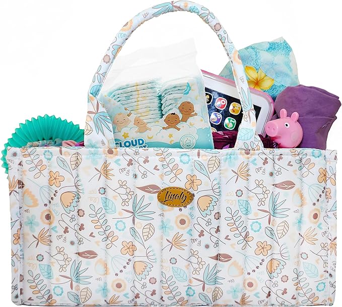 Floral Diaper Caddy Organizer, Caddy For Baby Stuff, Quilted Washable Car Storage for Newborn Toddler, Portable Nursery Storage Organizer for Changing, Waterproof Fabric Shower Basket, Floral Bag