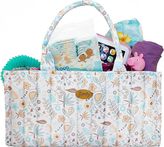 Floral Diaper Caddy Organizer, Caddy For Baby Stuff, Quilted Washable Car Storage for Newborn Toddler, Portable Nursery Storage Organizer for Changing, Waterproof Fabric Shower Basket, Floral Bag