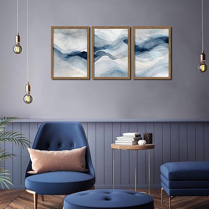 Blue Abstract Wall Art, Modern Navy Blue Abstract Canvas Wall Decor Paintings, Neutral Minimalist Texture Posters Prints Pictures for Living Room Bedroom Office Home Decor 12x16 Inch Wood Framed