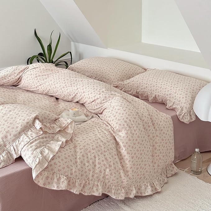 BuLuTu Pink Floral Duvet Cover Full Bedding Duvet Covers for Girls Kids Teens Soft Breathable Cotton Comforter Cover 79"x90" Shabby Chic Ruffles Quilt Cover, No Duvet/Comforter