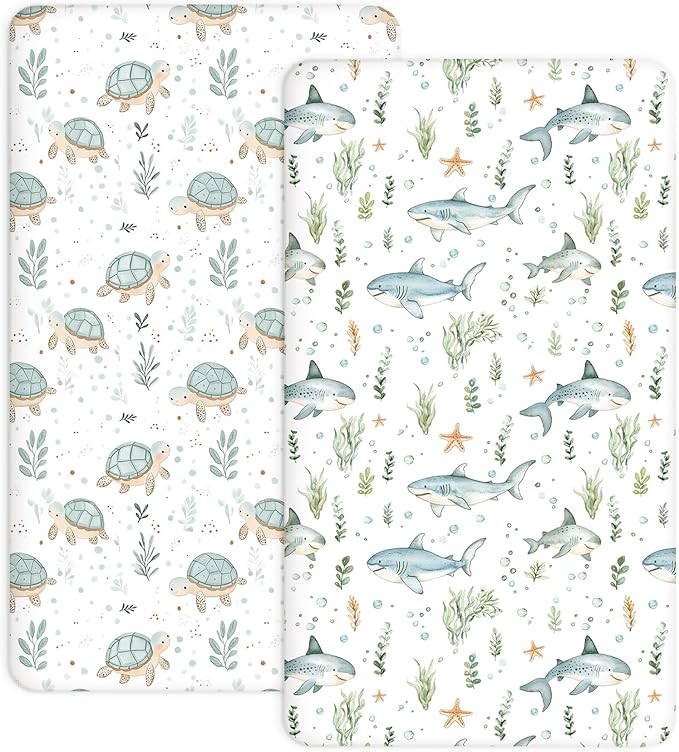 Crib Sheets for Boys and Girls, 2 Pack Fitted Baby Sheets for Standard Toddler Mattress 28" x 52", Soft Breathable Jersey Knit Baby Bedding (Turtle & Shark)