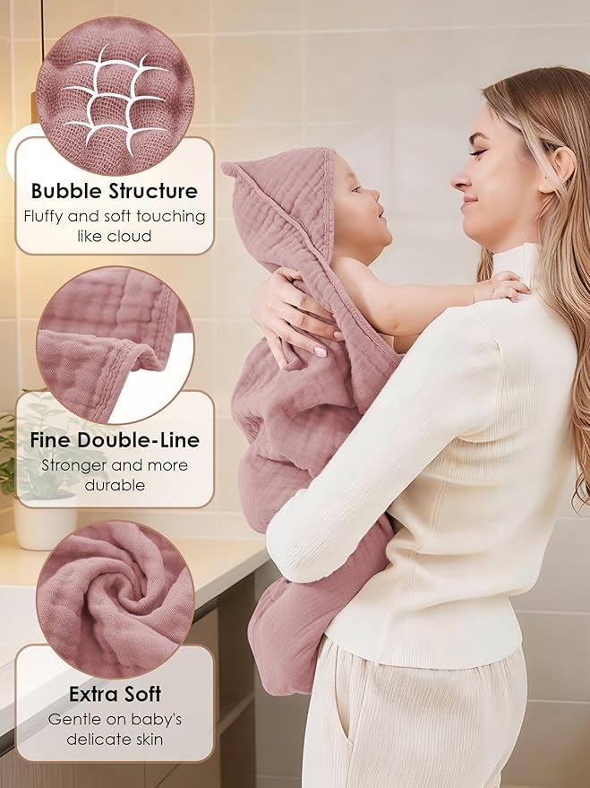 Muslin Hooded Baby Bath Towels - 3 Pack 100% Cotton Ultra-Soft Towels for Newborns, Infants, Toddlers - 32x32 Inch - Highly Absorbent, Quick-Dry Essentials for Bath Time, Beach, Pool, Neutral Series