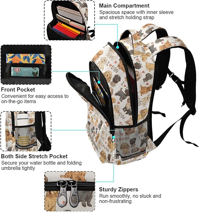 MNSRUU Laptop Backpack with Chest Strap, Dogs Heart School Backpack, Travel Hiking Bag for Boys Girls Teen College Adult, Rucksack Knapsack