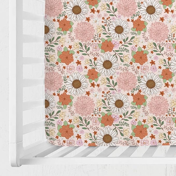 Retro Boho Floral Baby Crib Sheet 52''x28'' Vintage Flowers Stretchy Fitted Crib Mattress Sheet for Boy Girl Wild Flowers Summer Soft Baby Nursery Bed Sheets for Standard Crib and Toddler Mattress