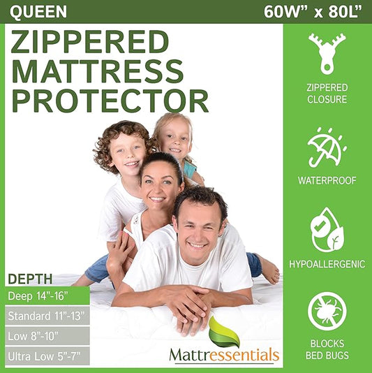 Zippered Queen Mattress Protector (14"-16" Depth) - Bed Bug Waterproof Mattress Cover, Premium Quality Hypoallergenic Encasement White