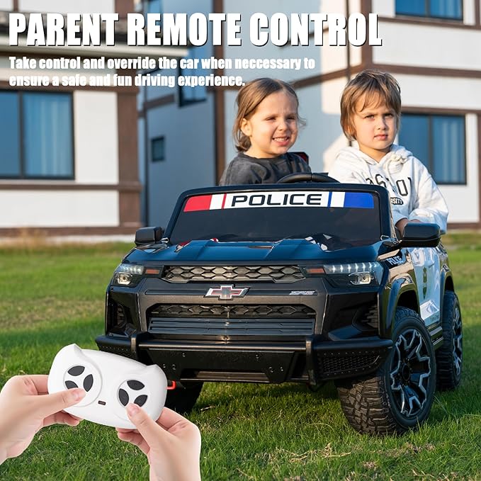 FINITO 24V Ride on Electric Licensed Chevrolet Colorado 2025, Police Car Paint, Dual Drive Mode, LED Light, Truck Storage, Bluetooth Music Player, Gift for Boys and Girls, for 3+ Kids (Police Black)