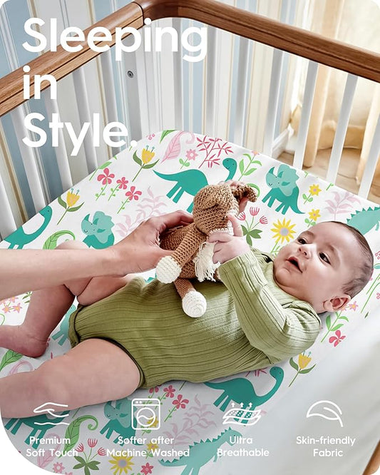 Dinosaur Pack N Play Sheets Fitted, Ultra Soft Mini Crib Sheets for Boy, Premium Jersey Knit Pack and Play Sheets, Stretchy Neutral Play Yard Sheets for Pack and Play Mattress, 2 Pack