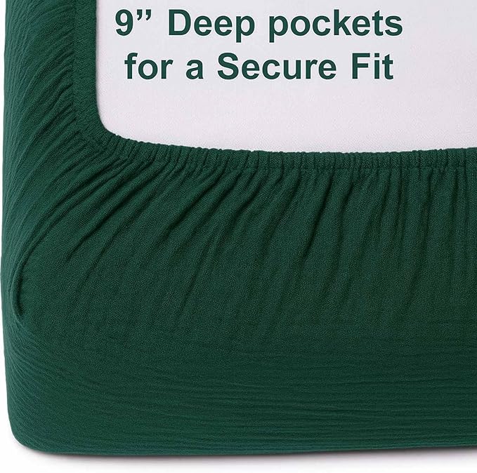 2 Pack Emerald Green Muslin Crib Sheets for Boys & Girl- Neutral Breathable Cotton Crib Mattress Sheets Fitted for Standard 28"x 52"- Nursery Décor No Slip Bed Sheets