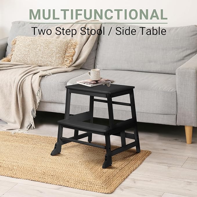 COSYLAND Kids Kitchen Step Stool Helper - Wooden Standing Tower for Kids with Anti-Tip Support Legs (Black)