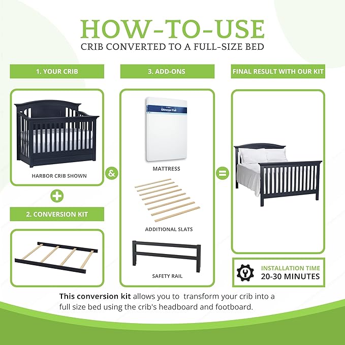 Full-Size Conversion Kit Bed Rails for Baby Cache Convertible Cribs - Solid Wood Rail - Toddler and Adult Bed Rail for Full-Size Beds - Essential Nursery & Baby Furniture (Navy Mist)