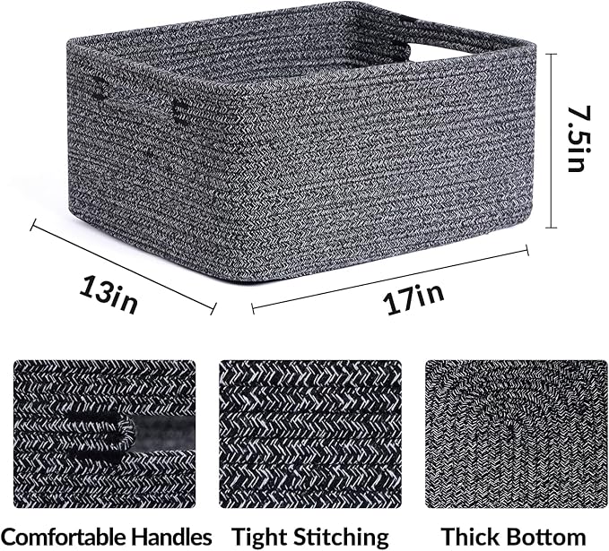 MiniArk Large Storage Baskets for Shelves, Closet Organizers Bins for Clothes Blanket Towels, Baby Nursery, Toy Baskets Box, Woven Rope Baskets, 17 x 13 x 7.5”, 2 Packs Dark Gray