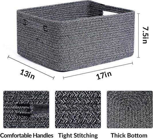 MiniArk Large Storage Baskets for Organizing, Closet Shelf Baskets for Clothes Blanket Towels, Baby Nursery, Toy Bins Box, Woven Rope Baskets, 17 x 13 x 7.5”, 4 Packs Dark Gray