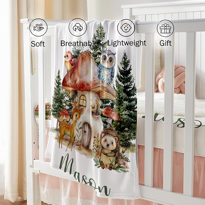 Custom Baby Crib Bedding Set, Personalized Name Mushroom House Design Crib Set 3 Pcs, Soft Double Layer Blanket, Crib Sheet & Room Rug, Ideal Nursery Decor Gift for Baby Girls Boys