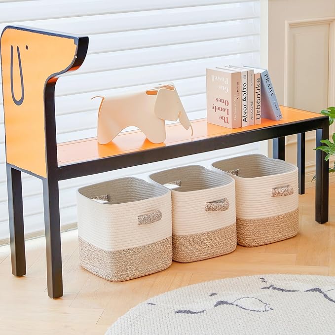 R RUNKA Storage Cube Baskets 3-Pack - 11 inch Square Baskets, Closet & Shelves Organizers - Woven & Drawer Storage - Ideal for Toys | White & Beige