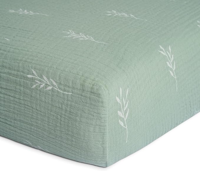 Meracorallo Muslin Fitted Crib Sheet, Soft and Breathable Green Leaf Neutral Baby Crib Sheet for Standard Crib and Toddler Mattresses