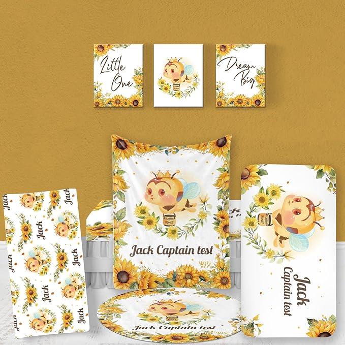 Custom Baby Bedding Set: Personalized Golden Honey Bee Bedding, Baby Blanket Fitted Sheet Changing Cover Nursery Rug Room Decor Gift Idea