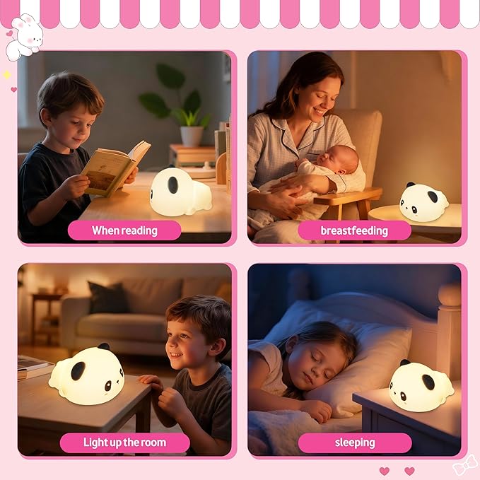 loatme Night Light for Kids, Rechargeable Dimmable Silicone LED Nightlight with 7 Colors, Baby Nursery Night Lamp, Touch Squishy Lamp, Cute Gifts for Girls, Boys, Toddler Room Decor, Lying Panda
