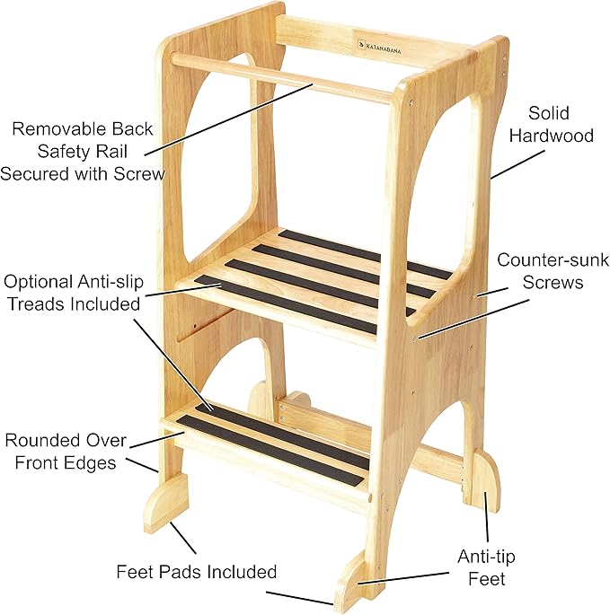 KATANABANA Kids Kitchen Step Stool Helper Made from Hardwood - Montessori Standing Tower for Learning (Natural)