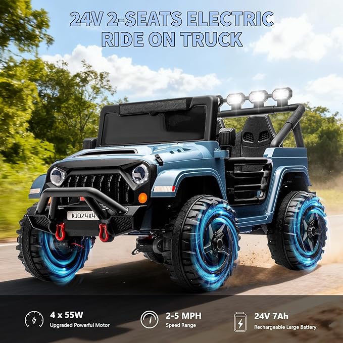 24V Ride on Toys for Big Kids, 2 Seater Ride on Car w/Remote Control, 4x4 Ride-on Truck with 4 Motors, 3 Speeds Adjustable, 4 LED Lights, Bluetooth & Music, Electric Car for Kids Toddlers 3-8, Blue