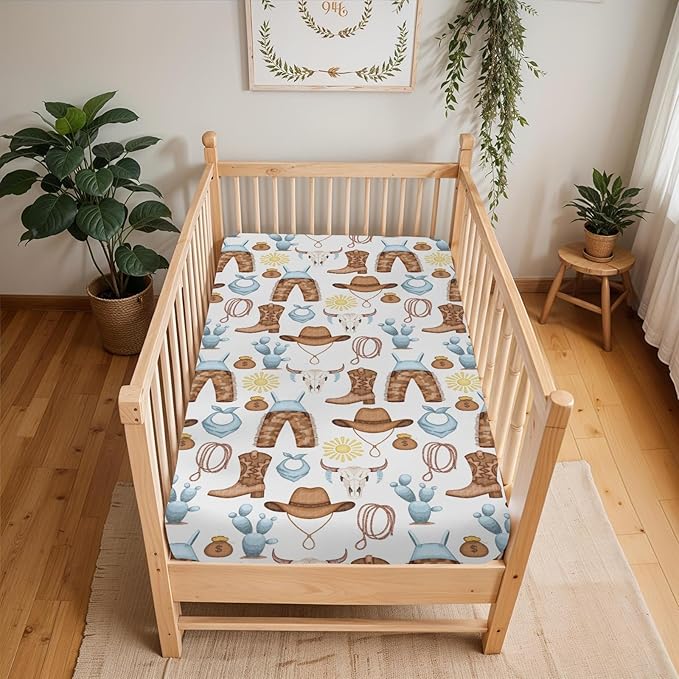 Cute Blue Western Cowboy Baby Crib Sheets for Boy 28"x52" Cowboy Boots Hat Cactus Skull Sun Soft Snug Fitted Crib Mattress Cover Wild West Desert Baby Sheet for Standard Crib & Toddler Mattress