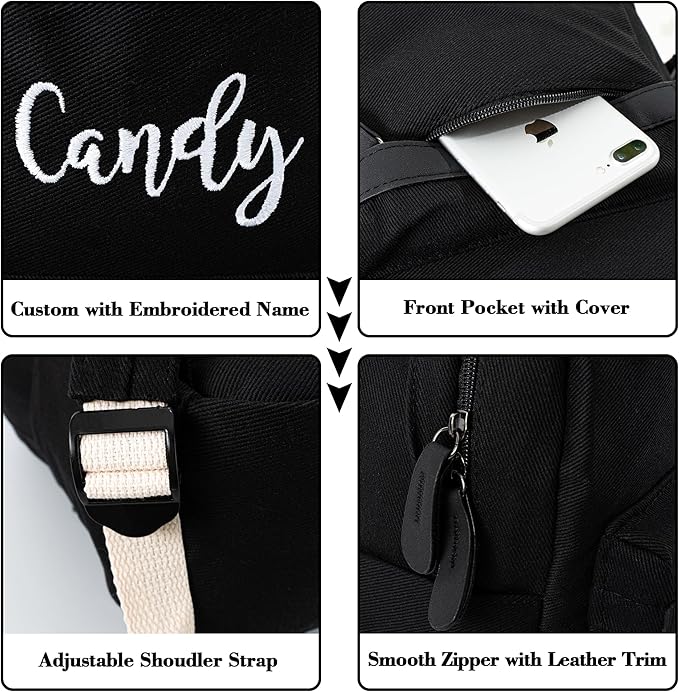 MT WORLD Daycare Backpack - Personalized Canvas Backpack with Name - Classic 15inch Daypack with Back Pocket - Custom Daycare Diapering Bag for Overnight Travel Birthday Gifts (Black, Large)