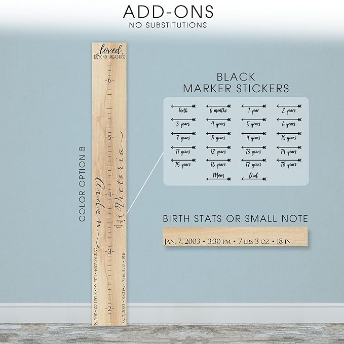 Wooden Kids Growth Height Chart Ruler for Boys and Girls Painted or Engraved (Two Names)