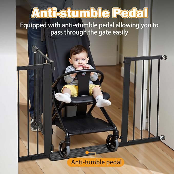 Mumeasy 29.6-46" Baby Gate for Stairs, Pressure Mounted Dog Gate for Doorways, Auto Close Pet Gate for Indoor Use, Extra Wide Child Gate with Walk Thru Door Black, Mom's Choice Awards Winner