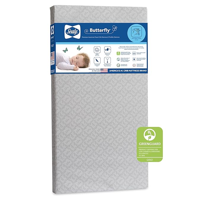 Sealy Baby Butterfly Crib Mattress plus Toddler Bed Fit, Premium American Foam, Washable Easy to Clean Zip Off Cover, GREENGUARD Gold Certified, Safety & Quality Tested, Made in USA, 52"X28"