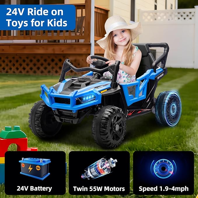 24V Kids Ride on Truck Car Remote Control, Twin 55W Motors 4MPH Max Speed Off-Road UTV, Bluetooth Music, Suspension System Safety Belt, Electric Vehicles Gift for Boys & Girls-Blue