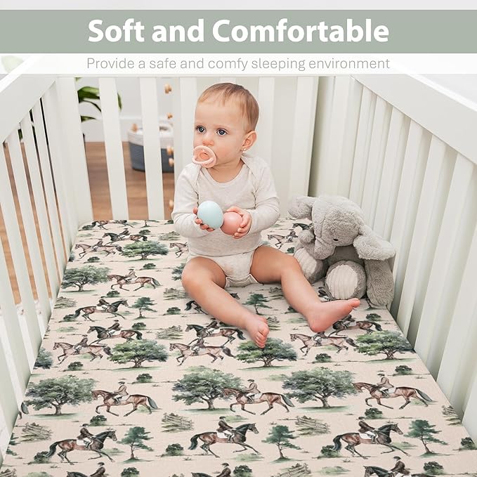 Watercolor Horses Trees Baby Crib Sheets for Boy Girl 52"x28" Vintage Horse Riding Soft Stretchy Fitted Crib Mattress Cover Wild West Animal Baby Sheet for Standard Crib and Toddler Bed Mattress