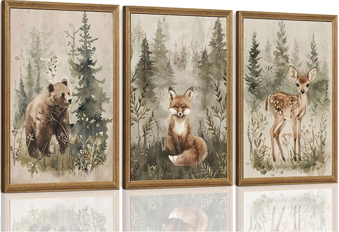 ICHZUMW Woodland Nursery Decor Wall Art Set of 3, Cute Forest Animals Canvas Prints Bear Fox Deer Pictures, Nature Watercolor Paintings for Baby Room Kids Bedroom Playroom, Neutral Artwork, 16x24in