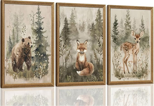 ICHZUMW Woodland Nursery Decor Wall Art Set of 3, Cute Forest Animals Canvas Prints Bear Fox Deer Pictures, Nature Watercolor Paintings for Baby Room Kids Bedroom Playroom, Neutral Artwork, 16x24in
