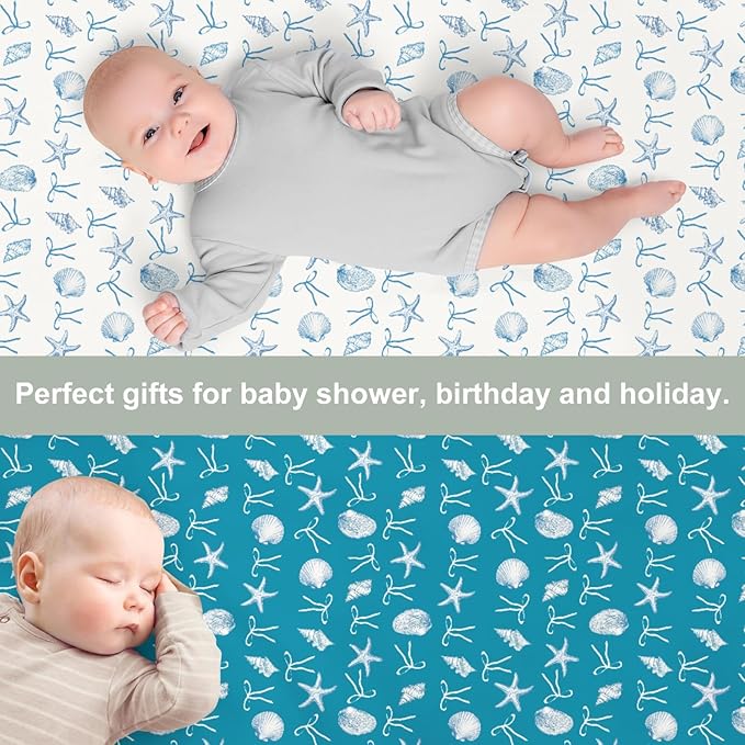 Summer Conches Bows Sea Baby Crib Sheets for Boy Girl 52x28In Ocean Seashells Beach Soft Snug Fitted Crib Mattress Cover Boho Nautical Marine Baby Sheet for Standard Crib & Toddler Bed Mattress 2 Pack
