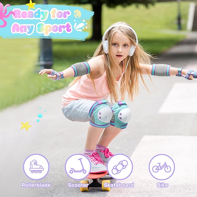 Knee Pads for Kids - ZOOBLISS Toddler Knee and Elbow Pads Set Wrist Guards for Skating Girls Aged 3-12, Kids Protective Gear for Roller Skates Skateboard Bike Scooter, Included Drawstring Bag(Rainbow)