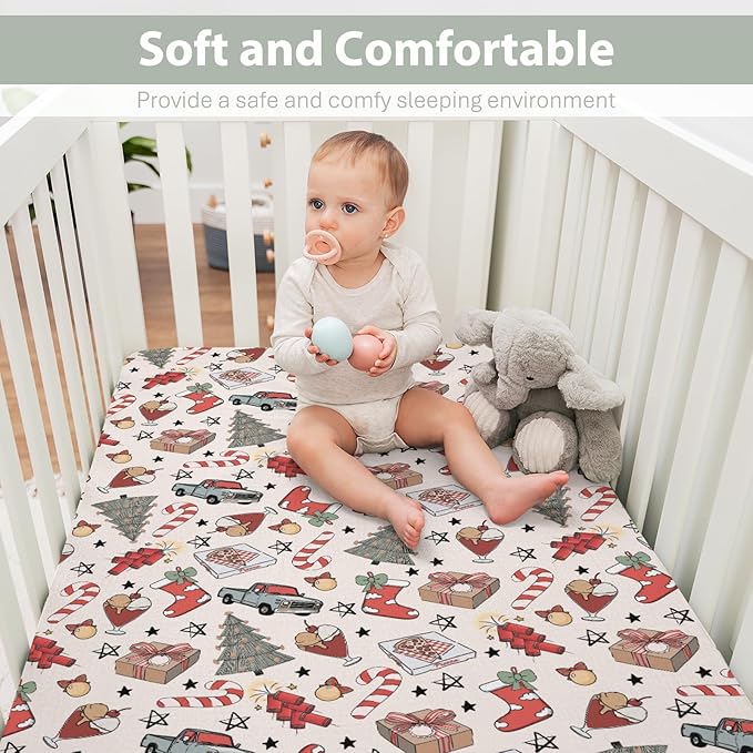 Boho Christmas Movie Baby Crib Sheets for Boy Girl 52x28 Christmas Tree Stockings Candy Pizza Truck Soft Snug Fitted Crib Mattress Cover Winter Holiday Baby Sheet for Standard Crib & Toddler Mattress