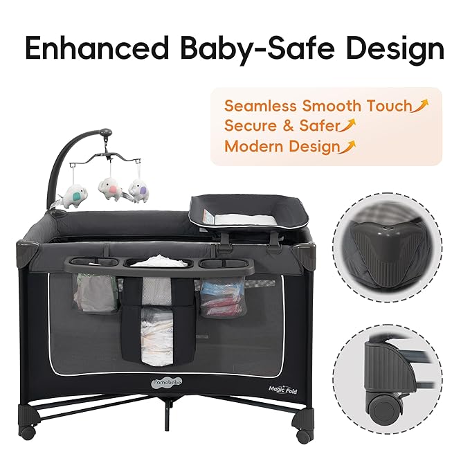 Pamo Babe 1 Step Setup Pack and Play for Babies - Portable Crib with Zip Door & Changing Table