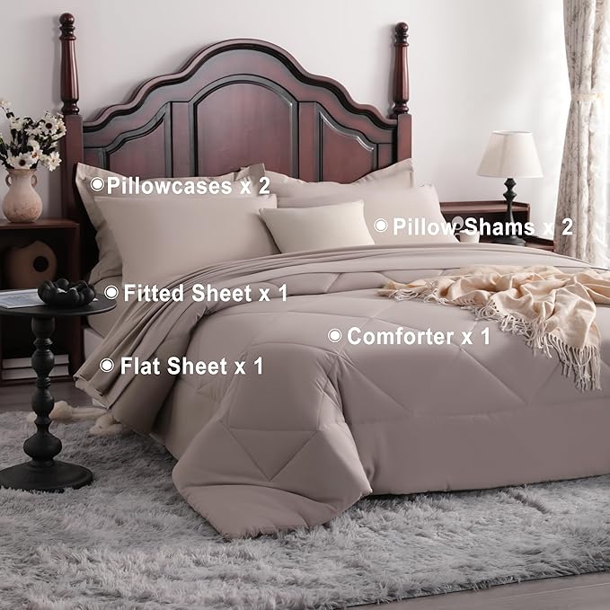NTBAY King Comforter Set with Sheets, 7 Pieces Soft and Breathable King Bedding Set, Bed in a Bag, Down Alternative Comforter Set Solid Color All Season, King Bedding Set, Taupe