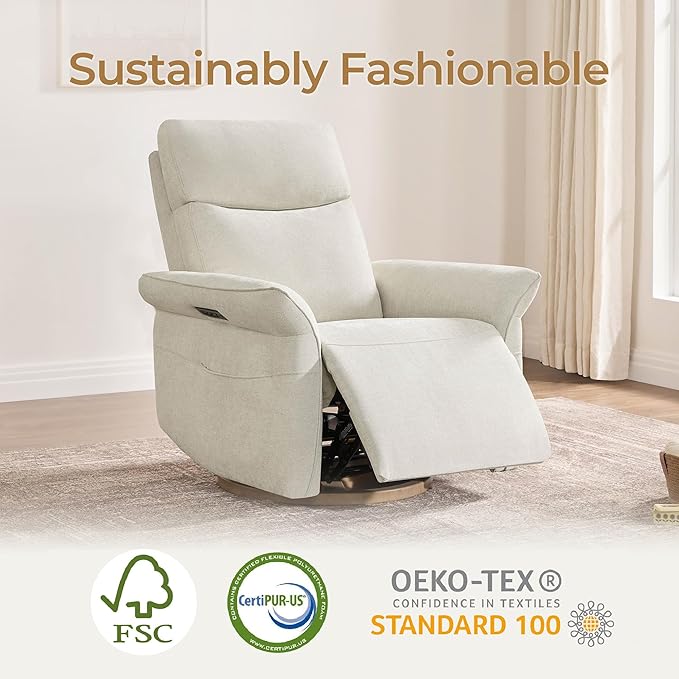 CHITA Power Recliner Chair, Electric Triple-Motor Swivel Glider Nursery Rocking Chair with Adjustable Power Headrest and Lumbar Support, Solid Wood Base, Linen
