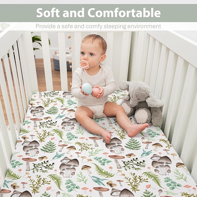 Vintage Mushroom Baby Crib Sheets for Boy Girl 52x28Inch Colorful Mushrooms Leaves Soft Snug Fitted Crib Mattress Cover Magical Plant Baby Sheet for Standard Crib & Toddler Bed Mattress