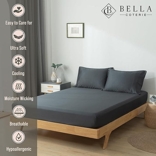 Bella Coterie Luxury Bamboo Viscose Queen Size Fitted Sheet | 100% Organically Grown | Ultra Soft | Cooling for Hot Sleepers | 18" Deep Pocket [Charcoal Grey]