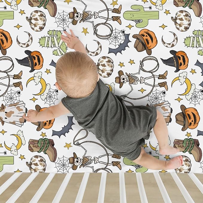 Western Halloween Cowboy Baby Crib Sheets for Boy Girl 52x28Inch Spooky Skeleton Pumpkin Cactus Witch Bats Soft Snug Fitted Crib Mattress Cover Wild West Country Baby Sheet for Crib & Toddler Mattress